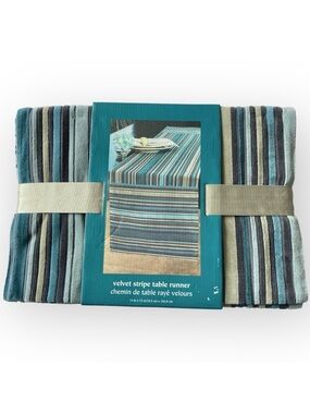 Pier 1 Imports Velvet Stripe Table Runner Blue Gray Tan Navy 14x72” SKU 2180152